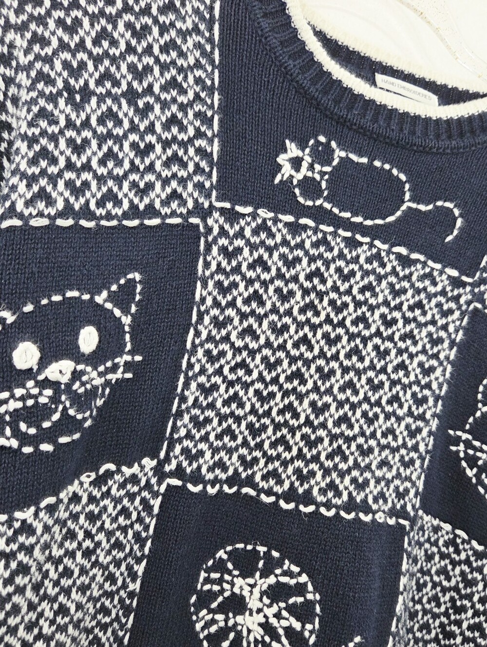 Vintage cat lady sweater embroidered doodle patchwork navy blue hearts XL - Picture 3 of 4